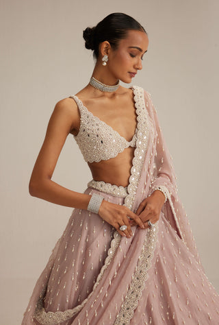 Ash pink pearl drop organza lehenga set