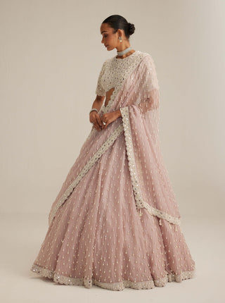 Ash pink pearl drop organza lehenga set