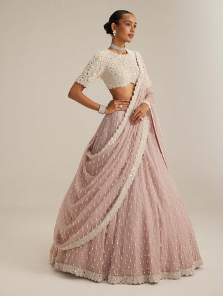 Ash pink pearl drop organza lehenga set