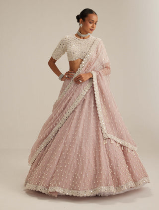 Ash pink pearl drop organza lehenga set