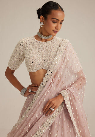 Ash pink pearl drop organza lehenga set