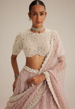 Ash pink pearl drop organza lehenga set