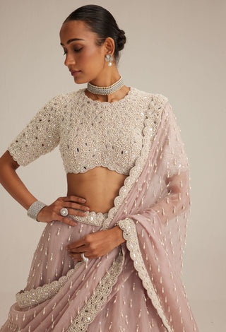Ash pink pearl drop organza lehenga set