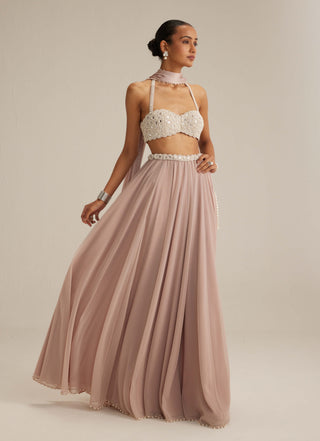 Ash pink georgette skirt with halter blouse and stole