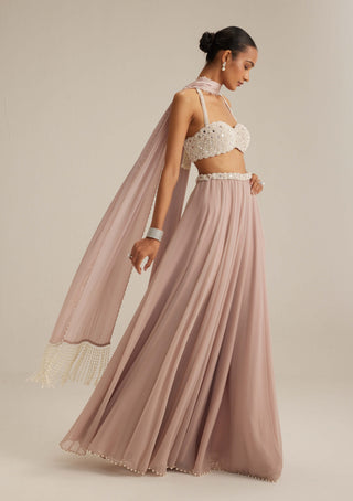Ash pink georgette skirt with halter blouse and stole