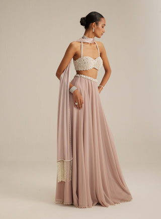Ash pink georgette skirt with halter blouse and stole
