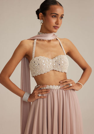Ash pink georgette skirt with halter blouse and stole
