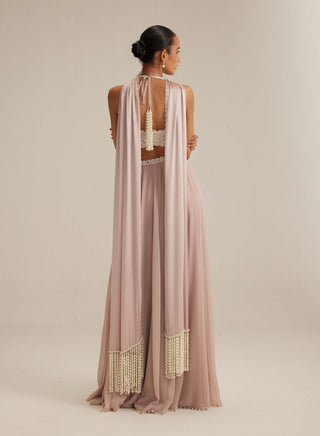 Ash pink georgette skirt with halter blouse and stole