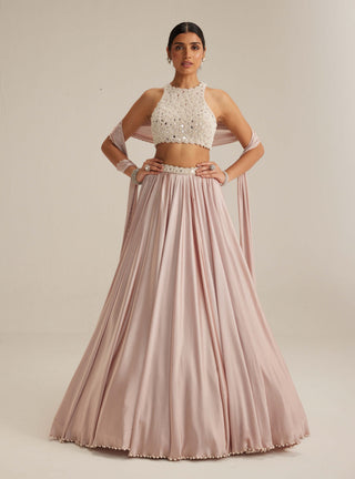Ash pink satin skirt set