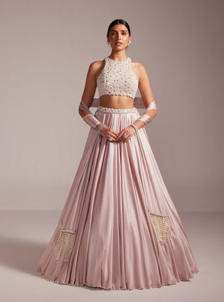 Ash pink satin skirt set