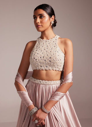 Ash pink satin skirt set