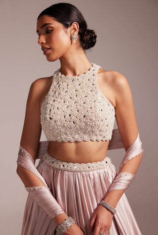 Ash pink satin skirt set