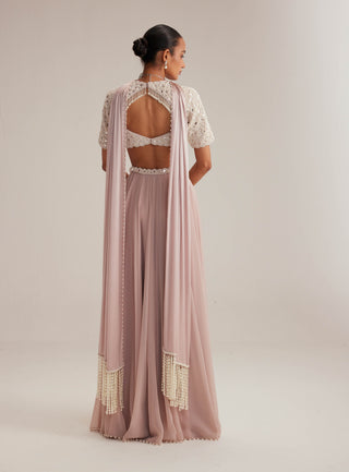 Ash pink georgette skirt with high neck blouse and stole