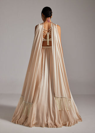 Light beige v-neck blouse and satin skirt set