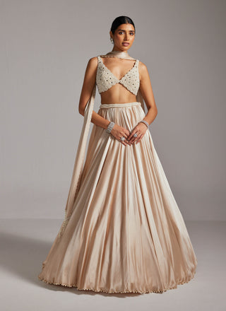 Light beige v-neck blouse and satin skirt set