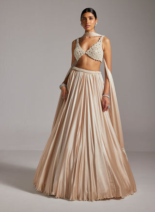 Light beige v-neck blouse and satin skirt set