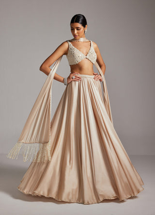 Light beige v-neck blouse and satin skirt set