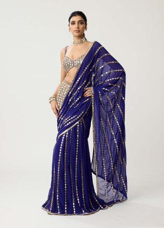 Persian blue linear mirror sari and blouse