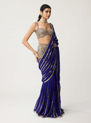 Persian blue linear mirror sari and blouse