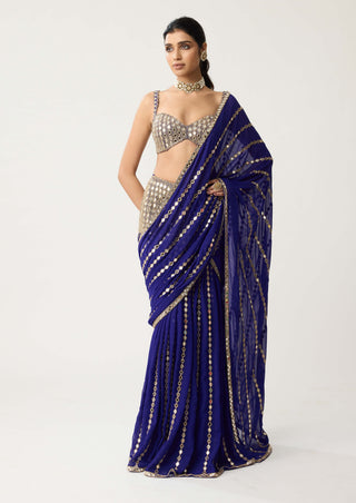 Persian blue linear mirror sari and blouse