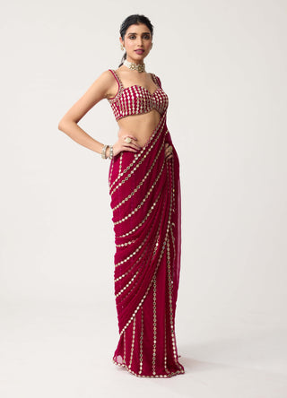 Ruby red linear mirror sari and blouse