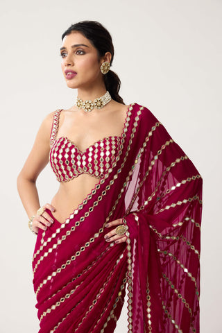 Ruby red linear mirror sari and blouse
