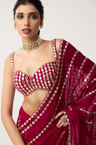 Ruby red linear mirror sari and blouse