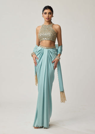 Powder blue satin draped skirt set