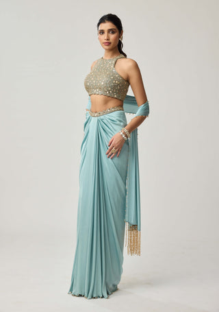 Powder blue satin draped skirt set