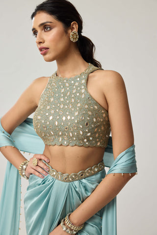 Powder blue satin draped skirt set