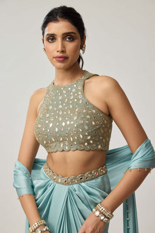 Powder blue satin draped skirt set