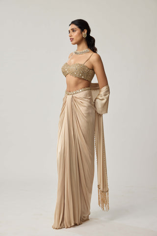 Light beige satin draped skirt set