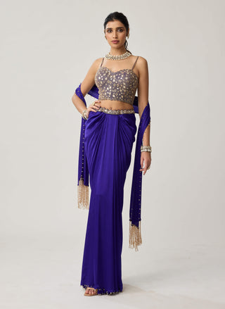 Persian blue satin draped skirt set