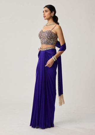 Persian blue satin draped skirt set