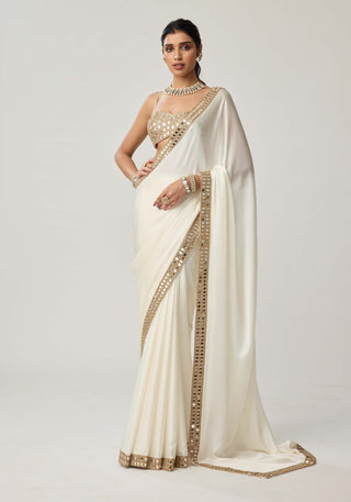OffWhite mirror hand embroidered satin sari and blouse
