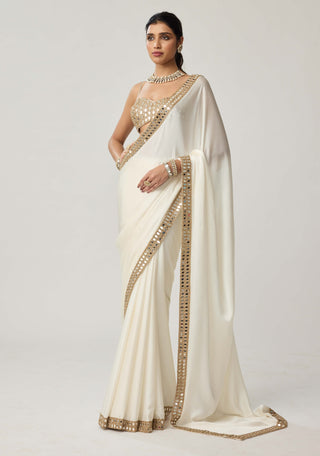 OffWhite mirror hand embroidered satin sari and blouse