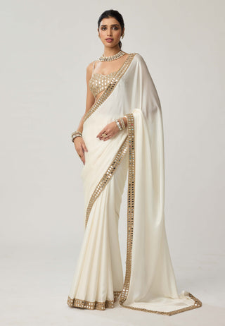 OffWhite mirror hand embroidered satin sari and blouse