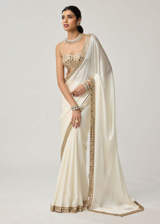 OffWhite mirror hand embroidered satin sari and blouse