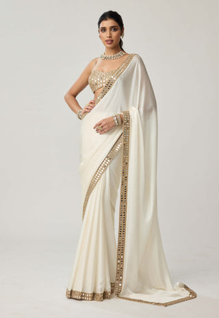 OffWhite mirror hand embroidered satin sari and blouse