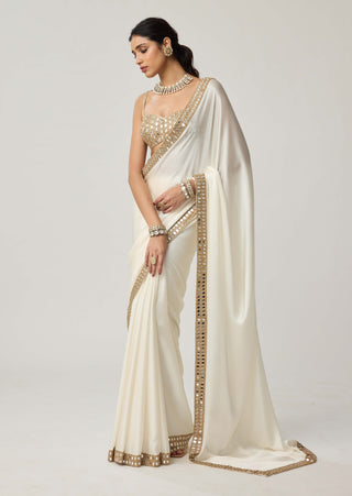 OffWhite mirror hand embroidered satin sari and blouse