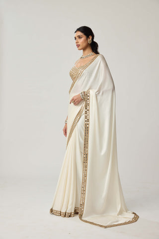 OffWhite mirror hand embroidered satin sari and blouse