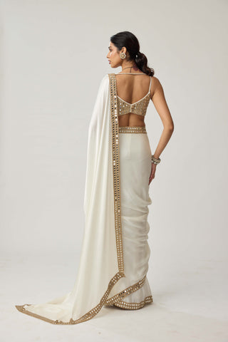 OffWhite mirror hand embroidered satin sari and blouse