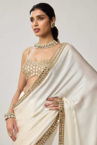 OffWhite mirror hand embroidered satin sari and blouse
