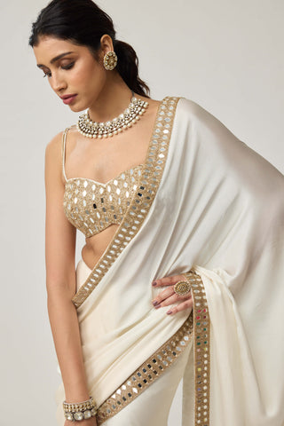 OffWhite mirror hand embroidered satin sari and blouse