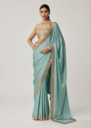 Powder blue satin sari and halter blouse