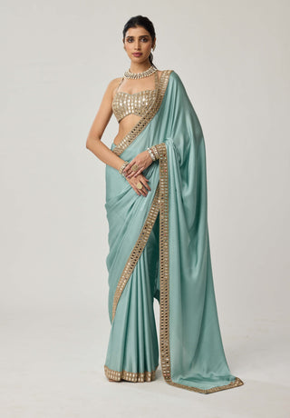 Powder blue satin sari and halter blouse