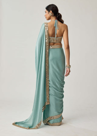 Powder blue satin sari and halter blouse