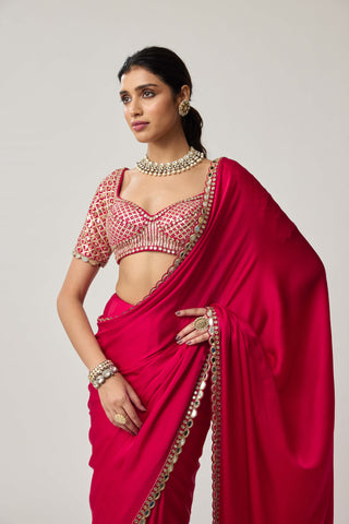 Crimson red gota satin sari and blouse