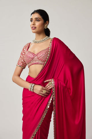 Crimson red gota satin sari and blouse