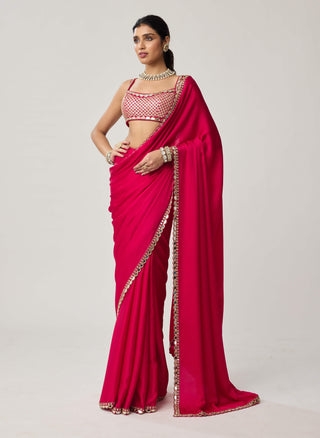 Crimson red gota satin sari and sleeveless blouse